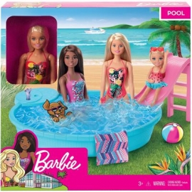 Mattel - Barbie Pool Spielset mit Puppe blond, Anziehpuppe, Barbie Möbel, Barbie